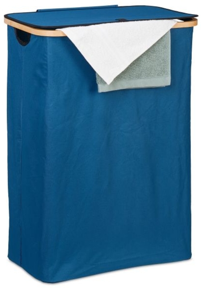 relaxdays Wäschekorb mit Deckel, Bambus / Polyester petrol, 54 x 34 x 75 cm, 105 l Bild 1