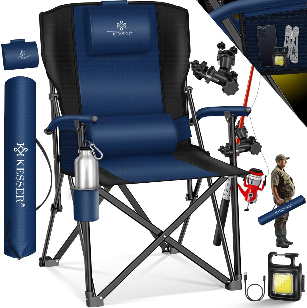 KESSER® Campingstuhl faltbar bis 160 kg | Angelstuhl Faltstuhl Klappstuhl Gepolstert mit Armlehnen | Campinglicht und Getränkehalter + Tasche mit hoher Rückenlehne | Strandstuhl mit Angelhalterung Navyblau / Schwarz Bild 1