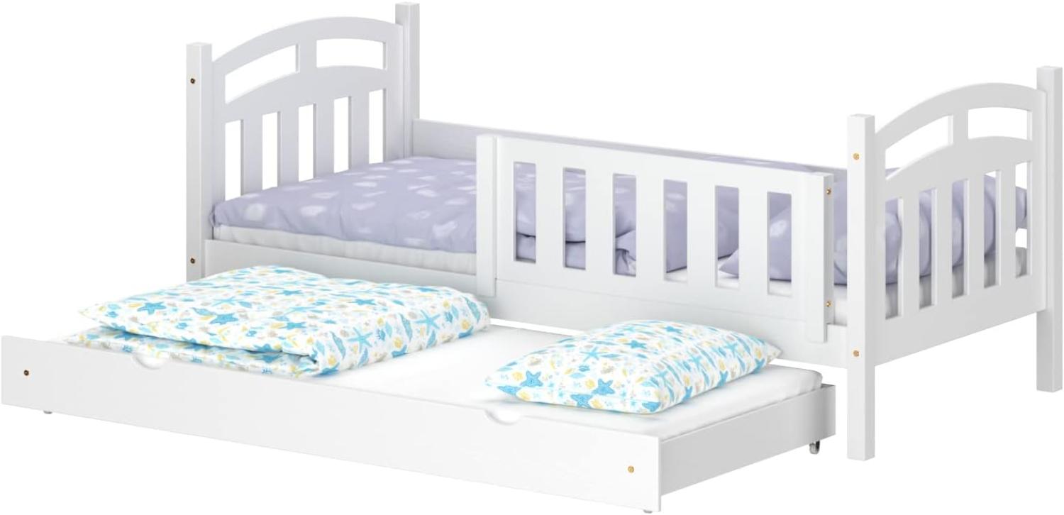 WNM Group Kinderbett Ausziehbar Suzie - aus Massivholz - Ausziehbett fr Mdchen und Jungen - Hohe Qualitt Bett mit Rausfallschutz fr Kinder 180x90 / 170x90 cm - Wei Bild 1