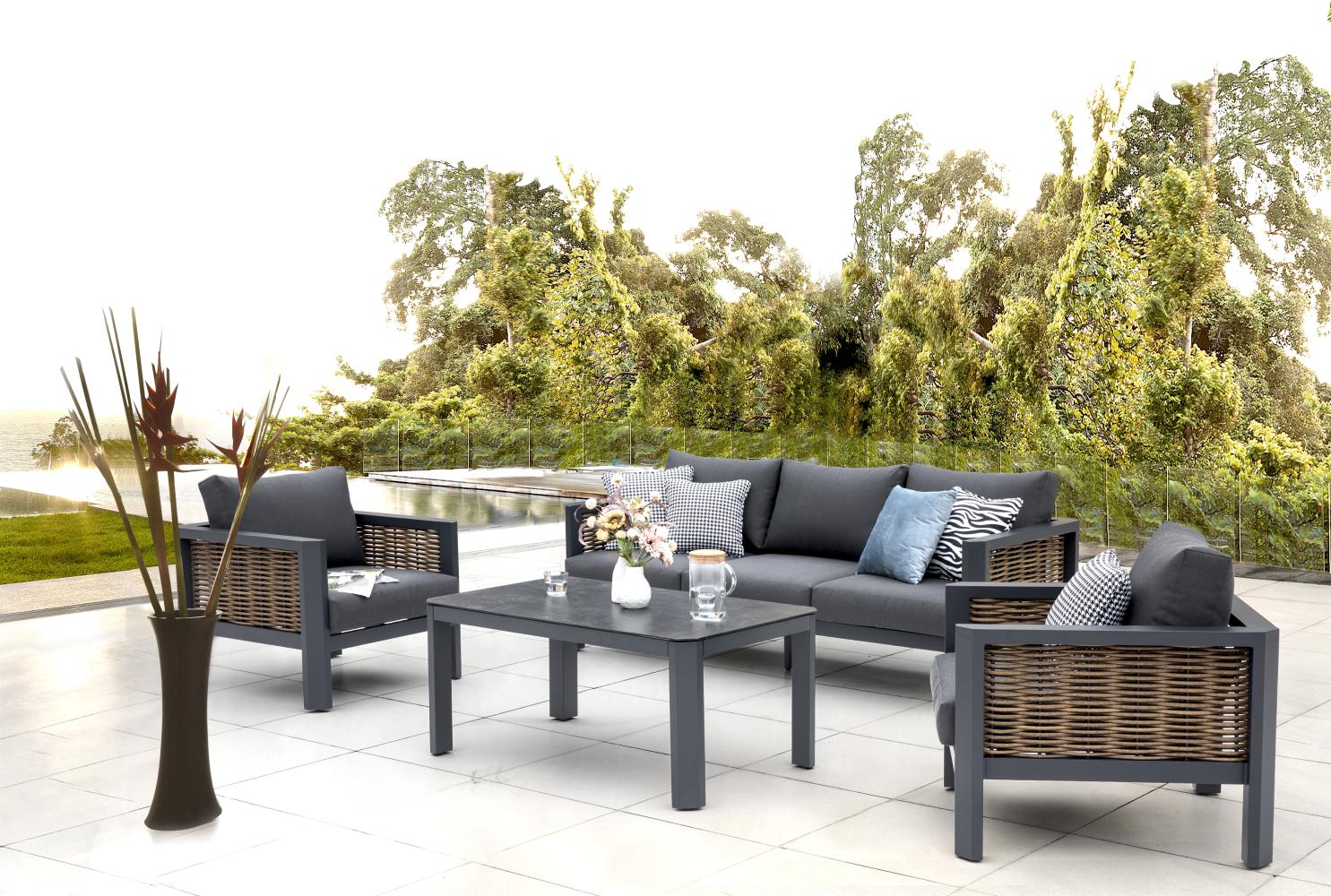 Gartenloungeset Garnitur Calgary - großes Sofa + Tisch 120x70 cm + 2 bequeme Lounge Sessel Bild 1