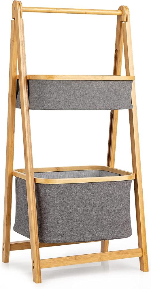 COSTWAY 2-stufiges Leiteregal mit 2 Wäschebeutel, klappbar Bambusregal A-förmig, Standregal Wäscheregal Badregal, multifunktionales Regal 45 x 35 x 98 cm Bild 1