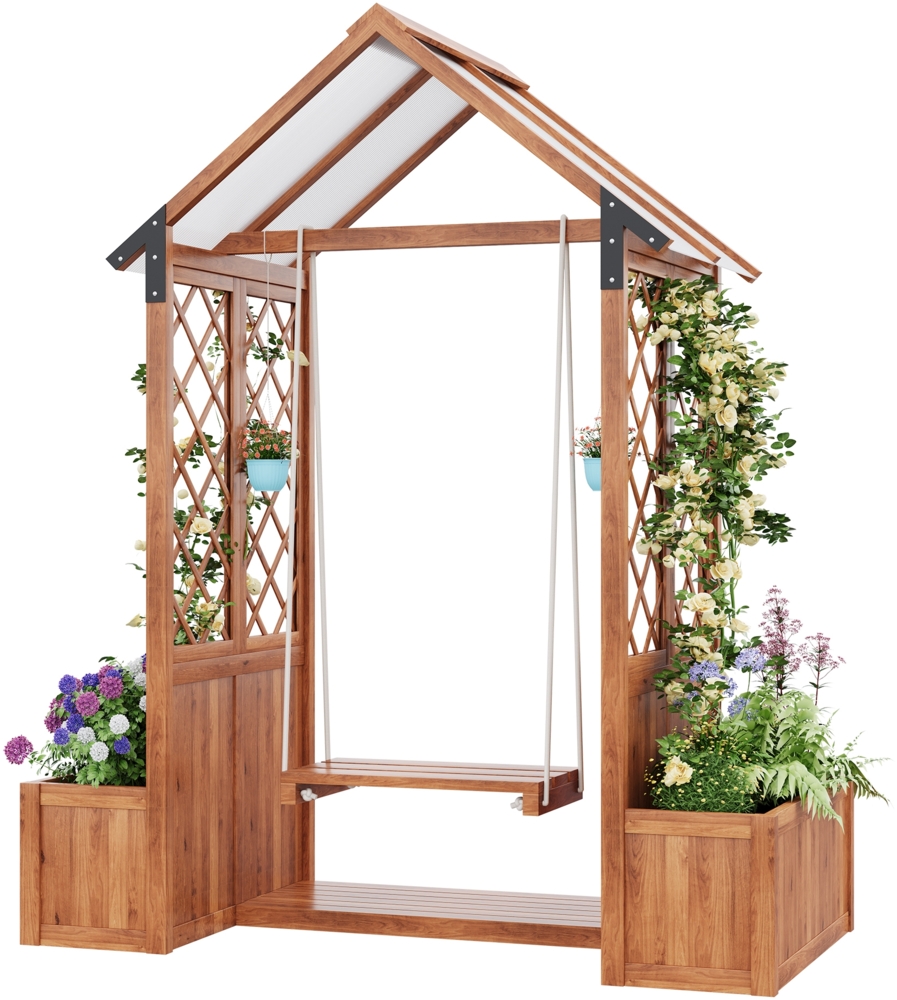 Merax Pflanzkübel, Outdoor-Schaukel, Pflanzgefäß mit Spalier als Kletterhilfe, mit Sonnendach aus Polycarbonat. Blumenkasten Pflanzkasten, Braunes Massivholz, Geeignet für Garten, Hof und Terrasse Bild 1