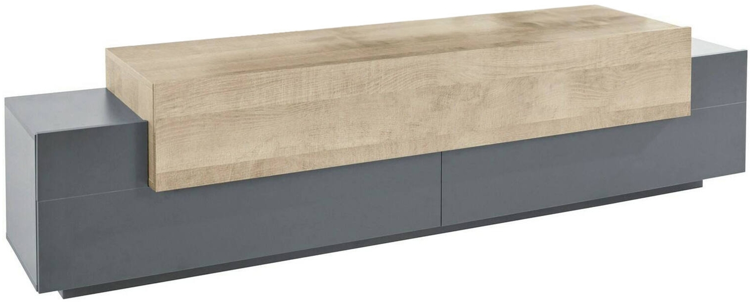 Dmora TV-Schrank Arold, niedriges Wohnzimmer-Sideboard, Fernsehständer-Basis, 100 % Made in Italy, 200 x 45 x 52 cm, Anthrazit und Ahorn, Bild 1