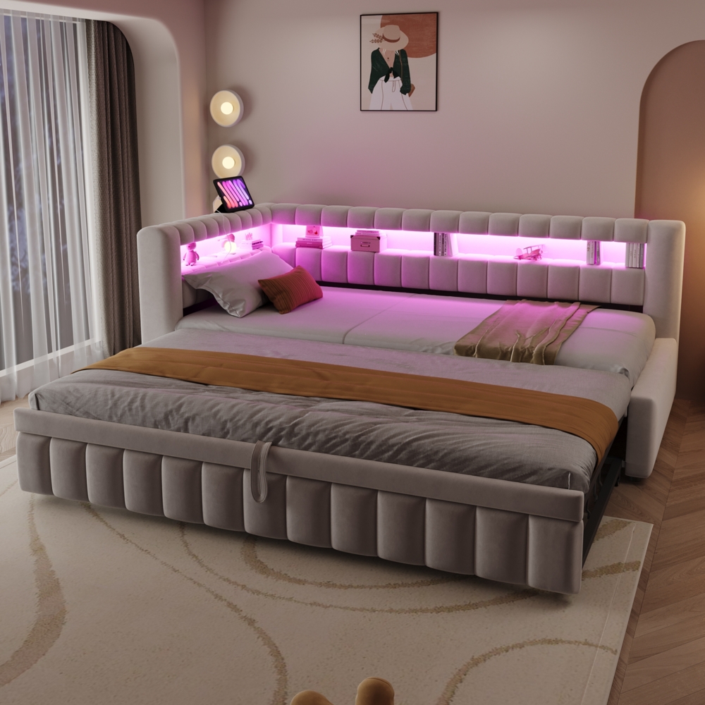 Merax Daybett Polsterbett Schlafsofa mit Ausziehbett 90/180x200cm mit LED & Aufladen, Beige Bild 1