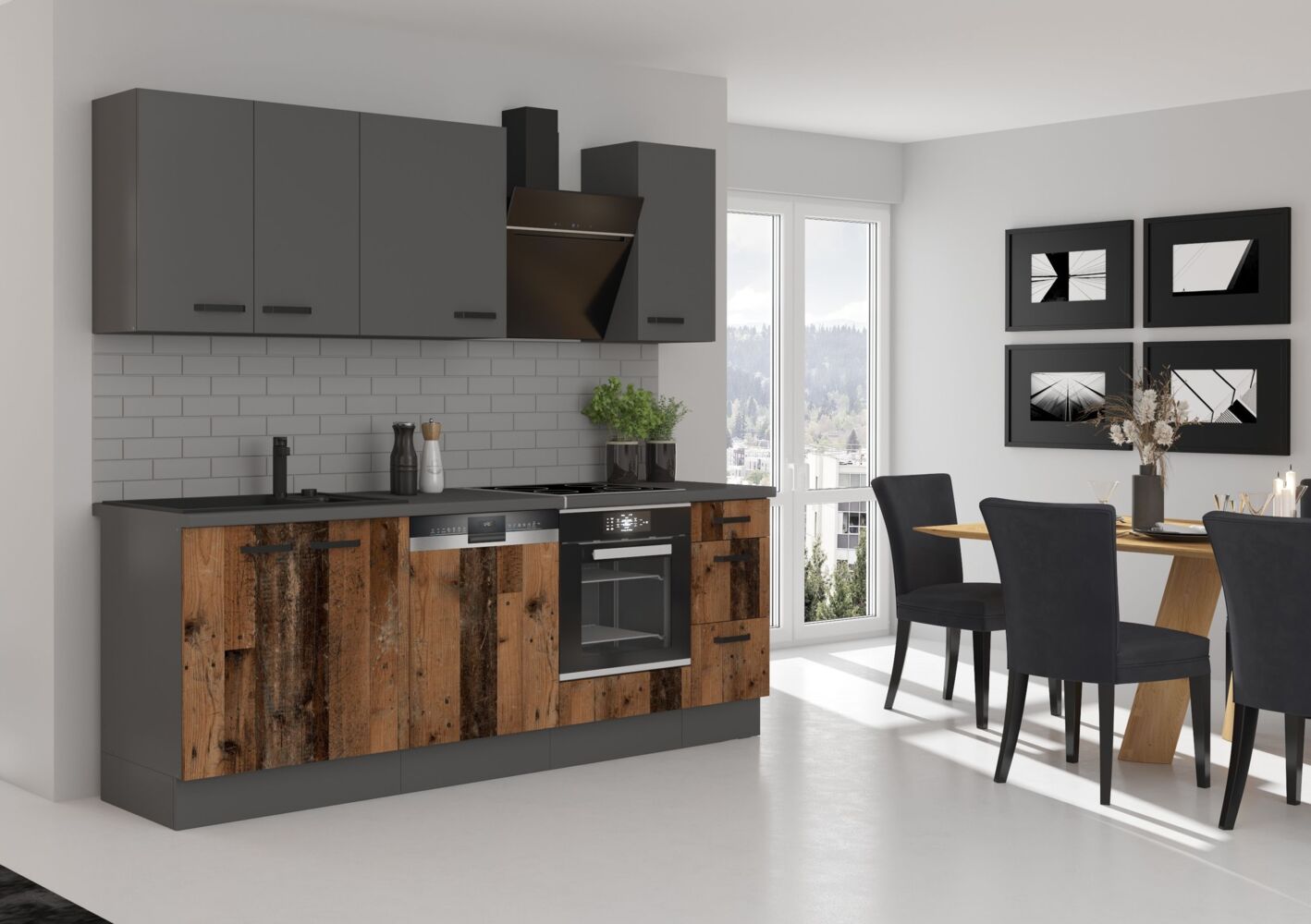 Küche OLD STYLE + NESSA Basic 240 cm Old Wood Optik Küchenzeile Küchenblock Bild 1
