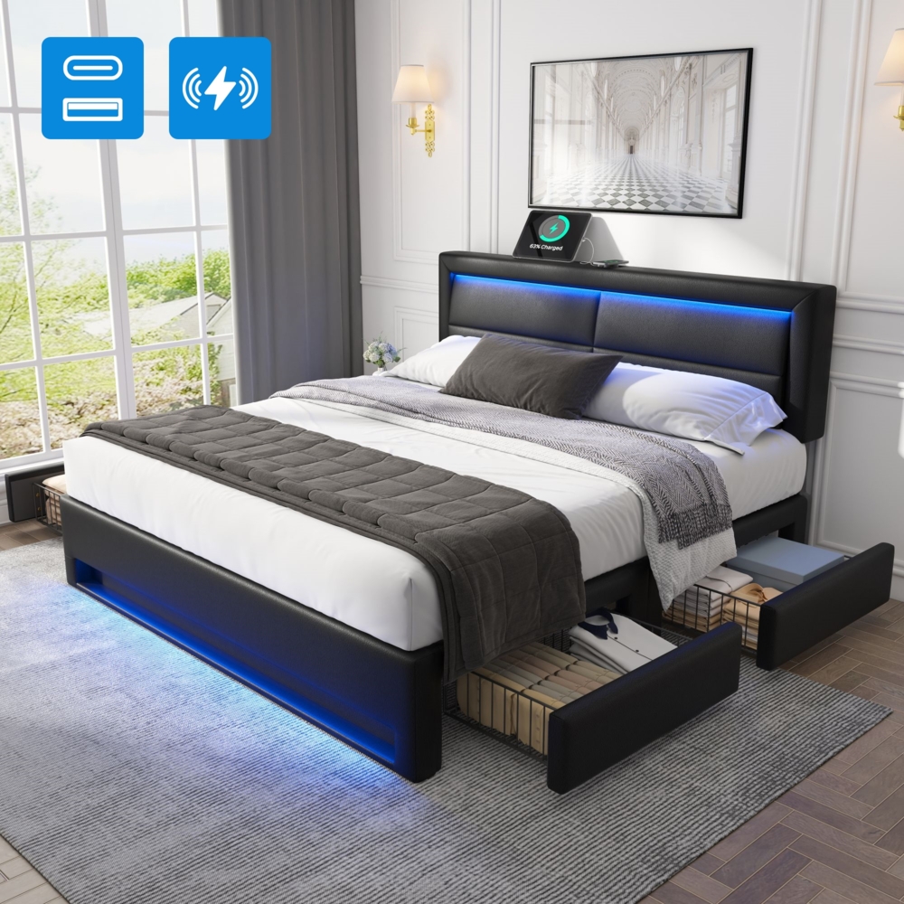 Merax Polsterbett LED Doppelbett 160x200cm mit USB-Anschluss und 4 Schubladen, schwarz Bild 1