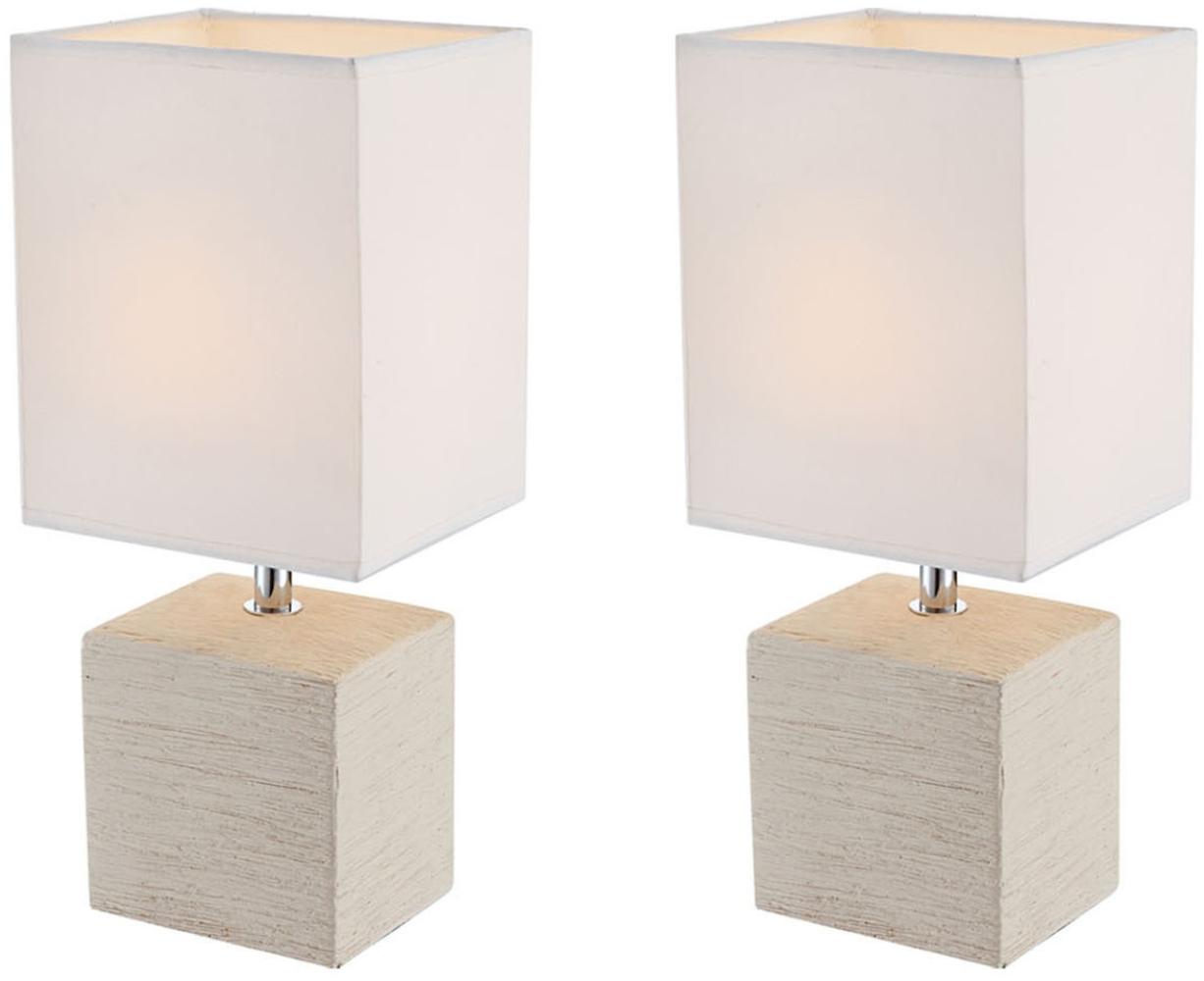 2er Set elegante Tischleuchten GERI, Fuß Keramik beige, Stoffschirm weiß Bild 1