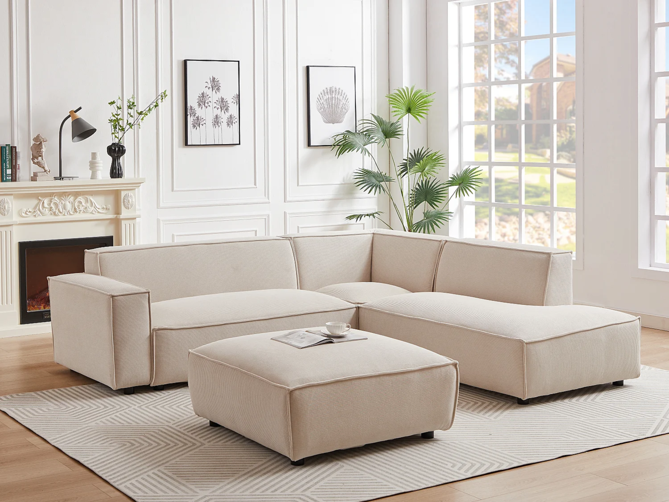 Vente-unique - Großes Ecksofa & Hocker - Ecke rechts - Cord - Beige - BORORE Bild 1