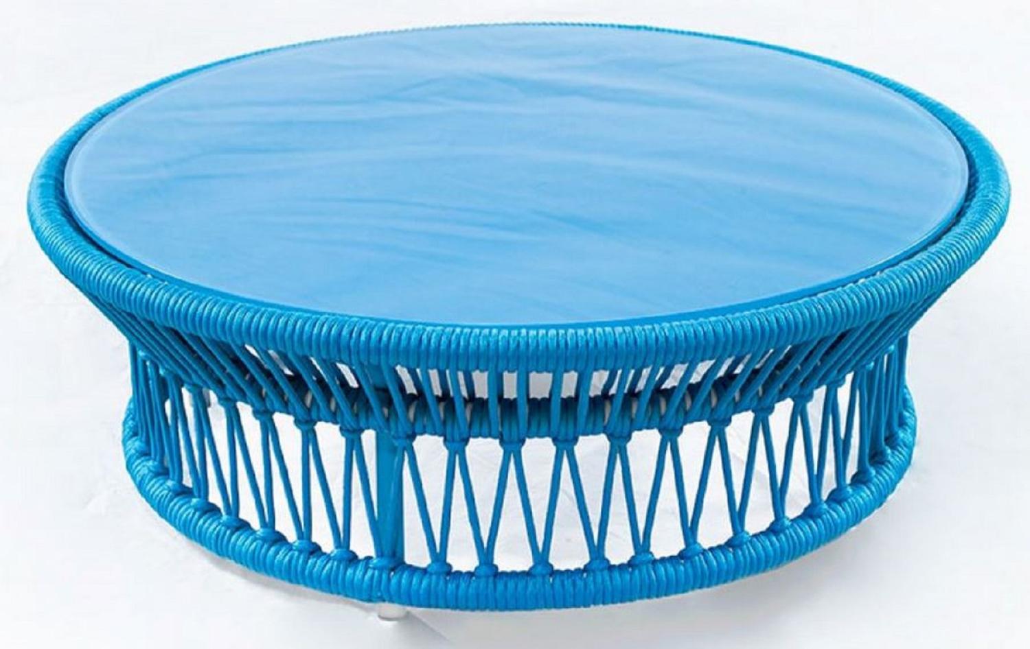 Casa Padrino Luxus Gartentisch Blau Ø 100 x H. 34 cm - Handgewebter wetterbeständiger Couchtisch mit Glasplatte - Garten Terrassen Tisch Möbel - Luxus Kollektion Bild 1