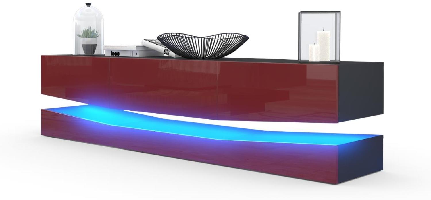 Vladon Lowboard City, TV-Kommode mit Sockelelement, 1 offenem Fach und 3 Schubkästen, Schwarz matt/Bordeaux Hochglanz, inkl. LED-Beleuchtung (178 x variabel x 39 cm) Bild 1