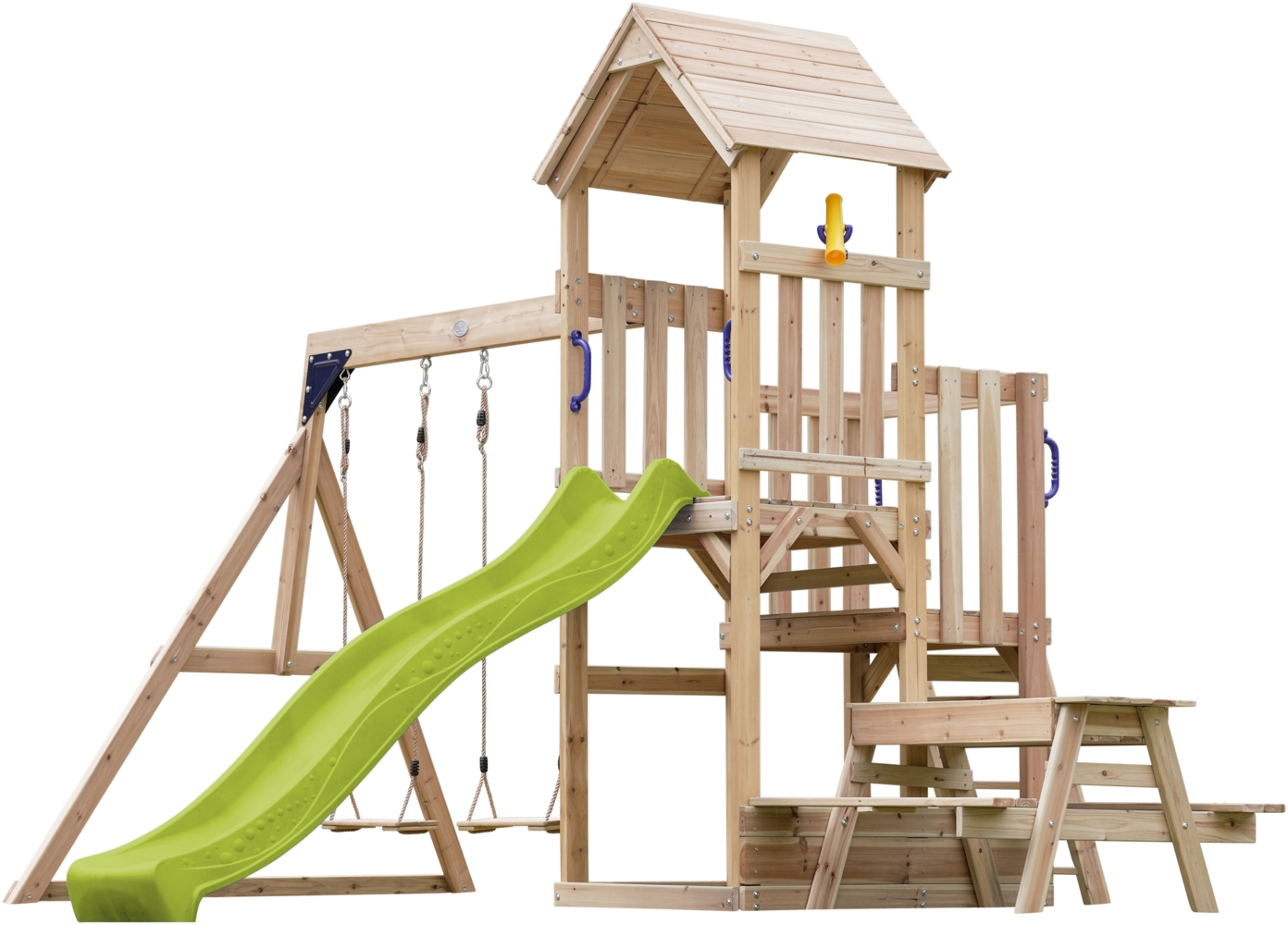 AXI Mette Spielturm aus Holz mit 2 Schaukeln XXL Spielhaus / Spielplatz für Kinder mit Picknicktisch, Sandkasten & Rutsche in Hellgrün | Braun, Gelb | Holz | 383 cm Bild 1