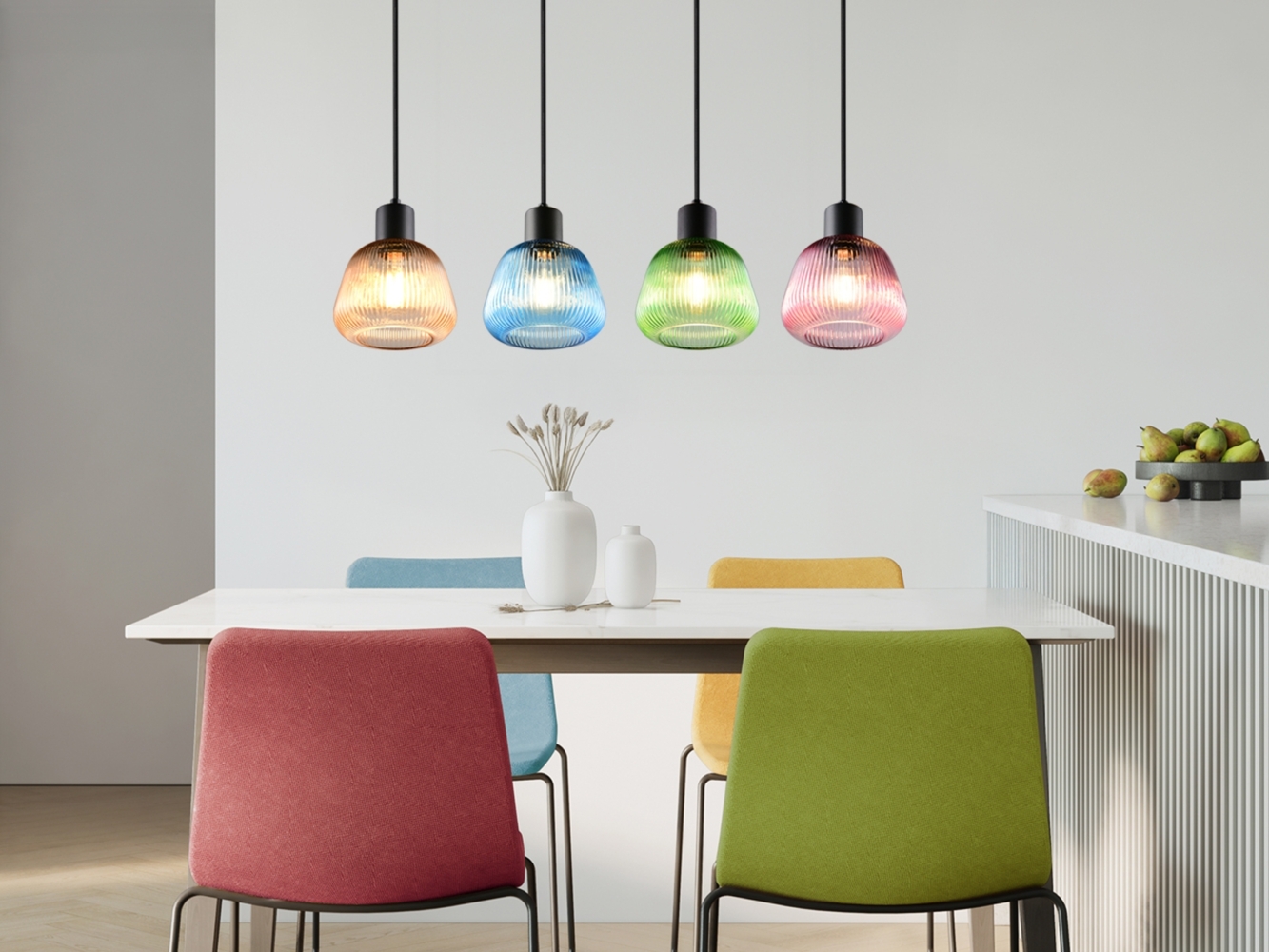 Pendelleuchte QUENYA mit Glasschirmen Bunt 4-flammig, Breite 90cm Bild 1