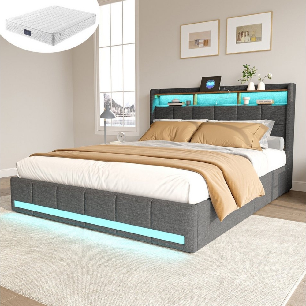 Furnishings Home Polsterbett Stauraumbett Doppelbett Jugendbett (Vier extra große Schubladen unter dem Bett), Mit LED-Beleuchtung, Matratze, USB & TYPE-C, Leinen, 140x200 cm Bild 1