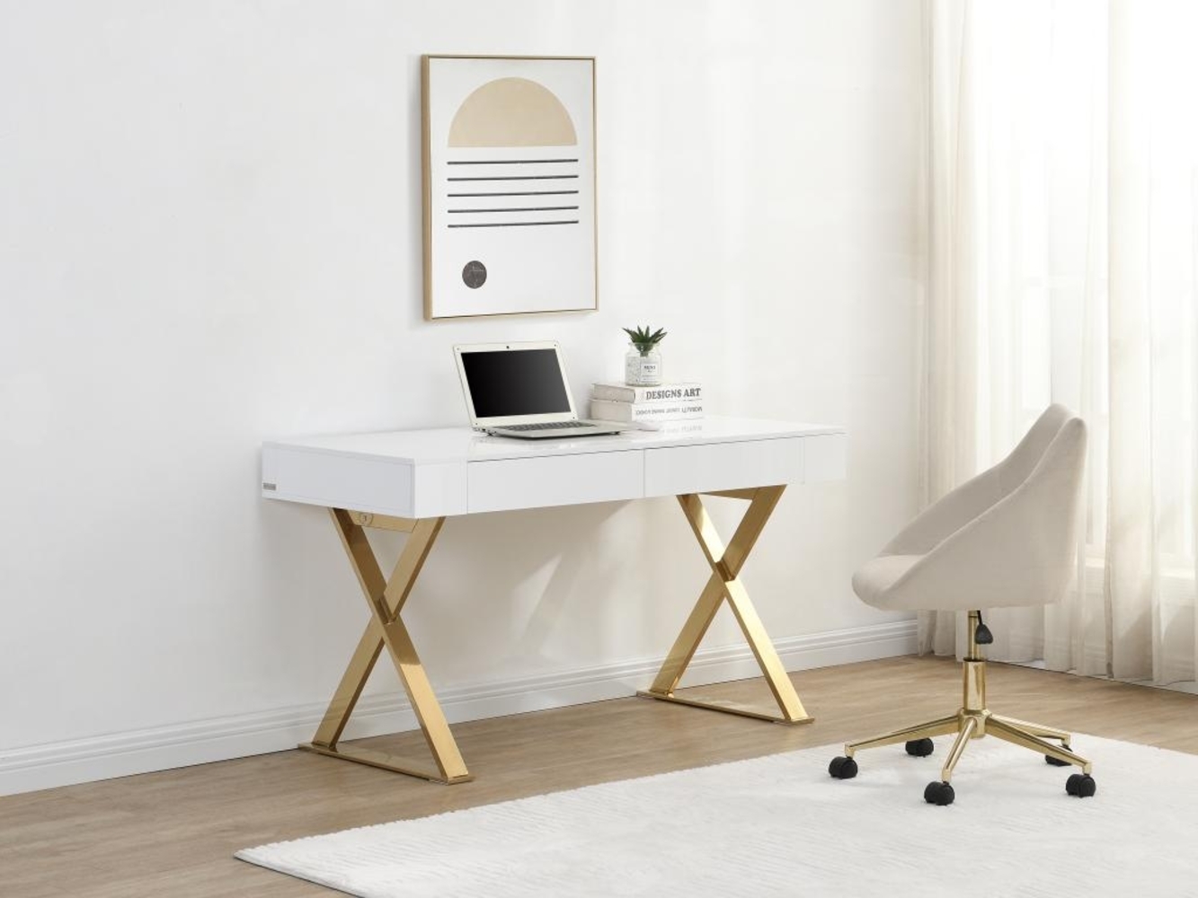 Vente-unique - Schreibtisch mit 2 Schubladen - MDF lackiert & Metall - Weiß & Goldfarben - PLEISA von Pascal Morabito Bild 1