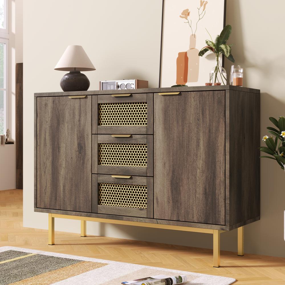 Merax Sideboard-Schrank Kommode mit 3 Schubladen und 2 Türen, 120 x 40 x 76 cm, dunkelbraun, Metallgriffe Kommode, Mehrzweckschrank für Flur, Schlafzimmer, Wohnzimmer und Kinderzimmer Bild 1