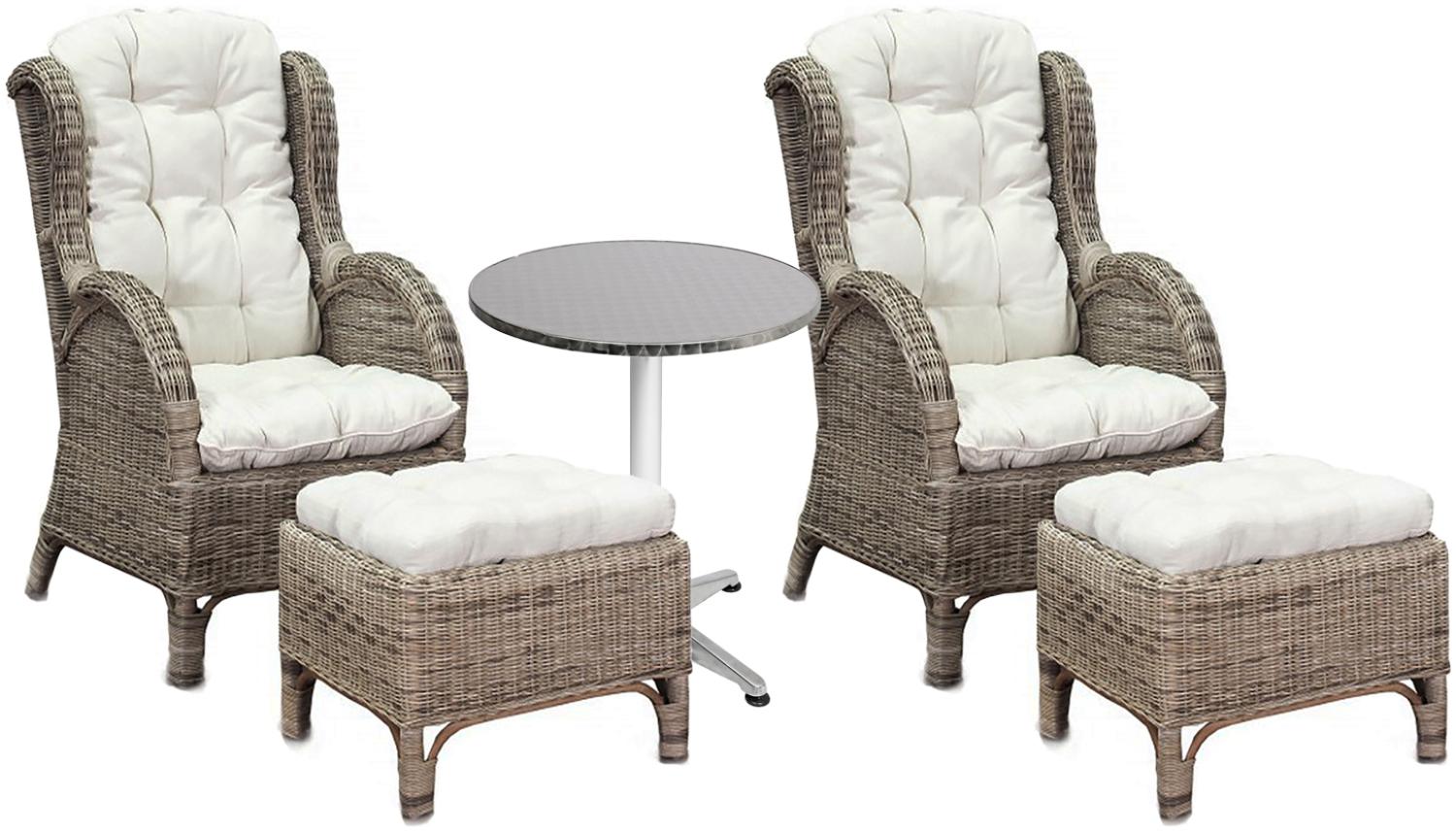 Luxus Rattan Set 2 x Relaxsessel mit Fußhocker + Bistrotisch rund Bild 1