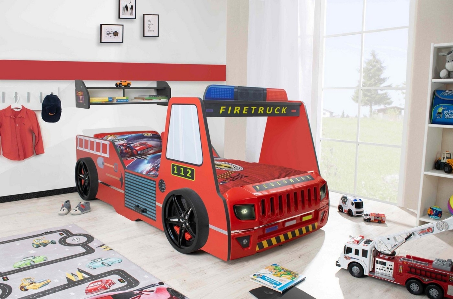 Autobett Kinder 90x200 cm Feuerwehrbett "Rio Firetruck" mit LED-Licht und Sirenenoptik Rot, Creativ Fresh Plus H2, mit Bettwäsche, Spoiler Regal Bild 1