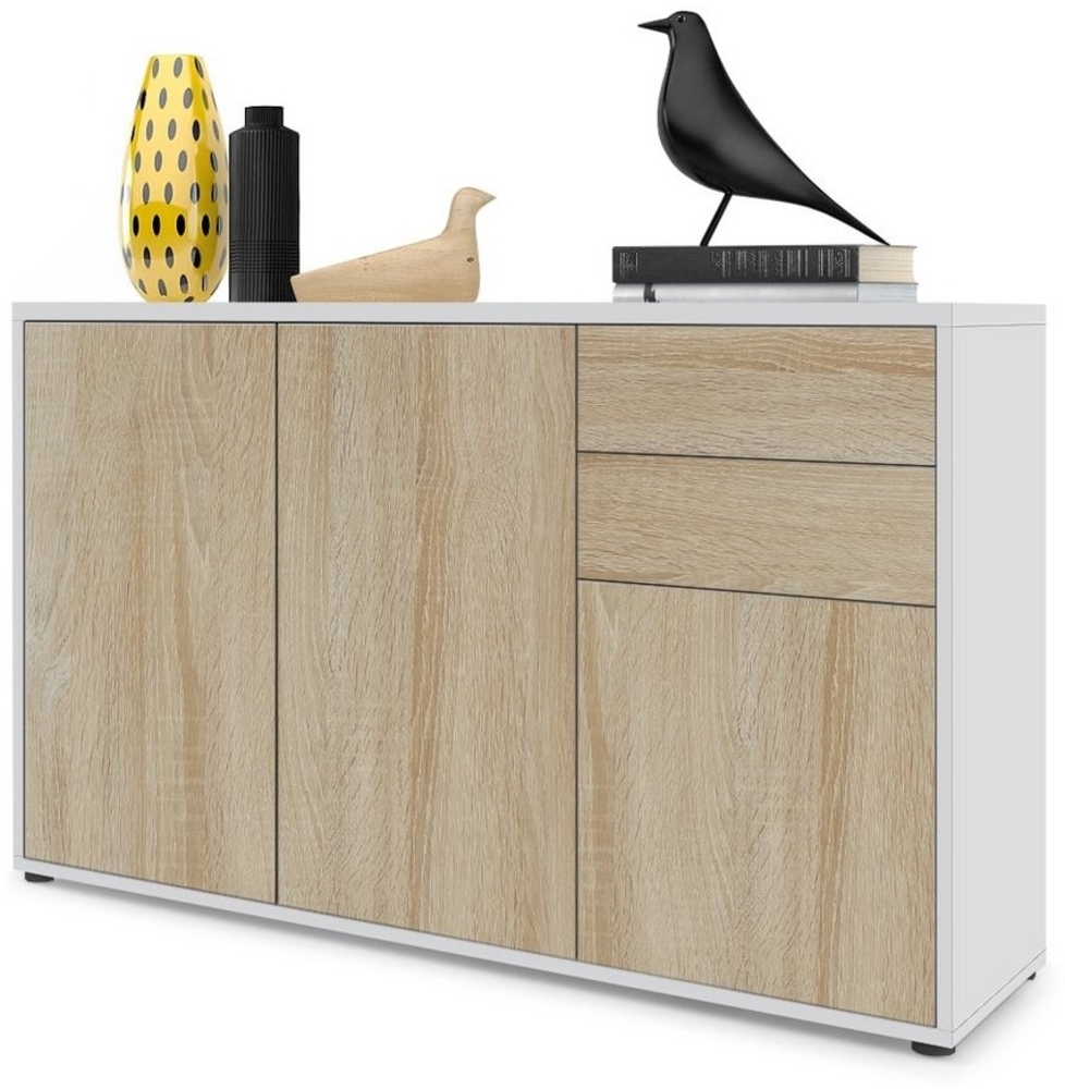 Vladon Sideboard Ben V3, Kommode mit 3 Türen und 2 Schubladen, Weiß matt/Eiche Sägegrau (117 x 74 x 36 cm) Bild 1