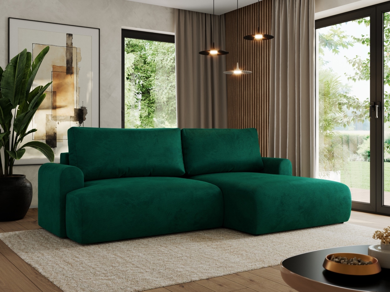 L-förmiges Ecksofa mit losen Kissen und Armlehnen für das Wohnzimmer, Ecksofa mit Schlaffunktion, Bettkästen - TONO - Dunkelgrün Velours - rechte Seite Bild 1