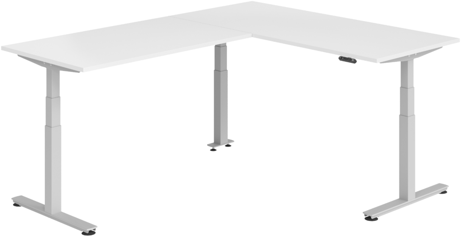 bümö Eckschreibtisch elektrisch höhenverstellbar L-Form: 180 x 240 cm in weiß, Gestell silber - Stehschreibtisch mit Memory-Steuerung, elektrischer XXL Schreibtisch für die Ecke, XDSMW-1916-W-S Bild 1