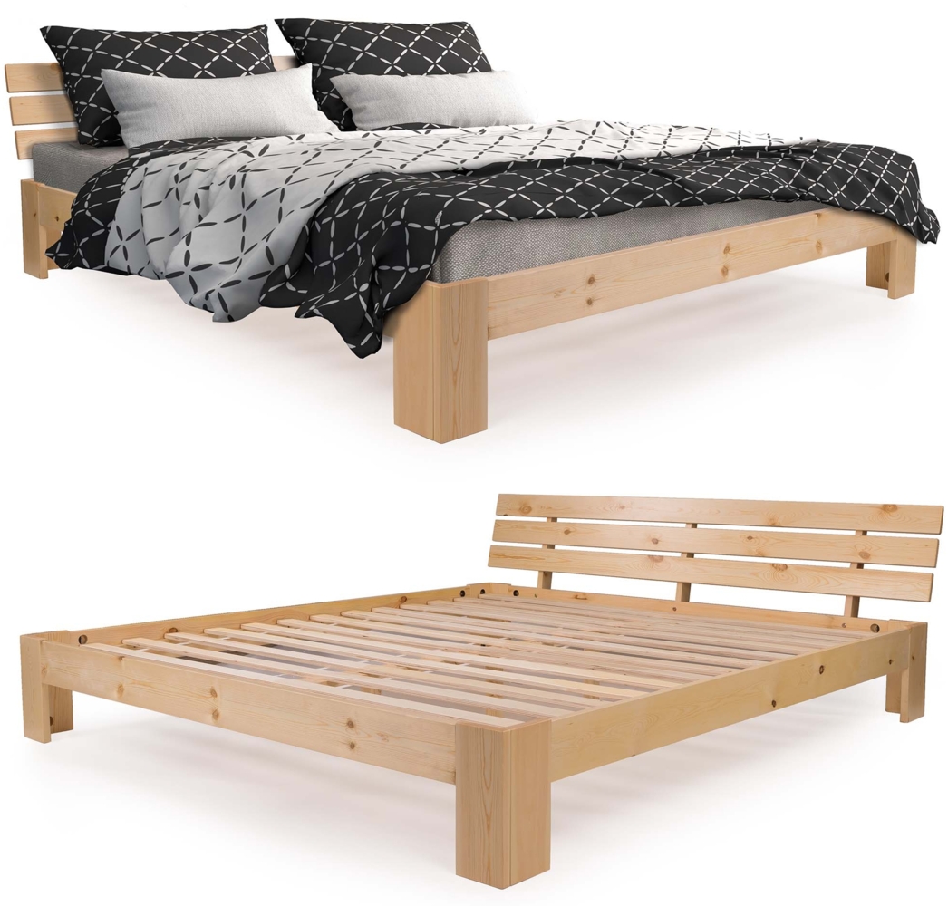 SANZARO Holzbett 140x200 cm - Massivholz Bett Kiefer Doppelbett Balkenbett Bettgestell Bettrahmen Lattenrost, Natur Bild 1