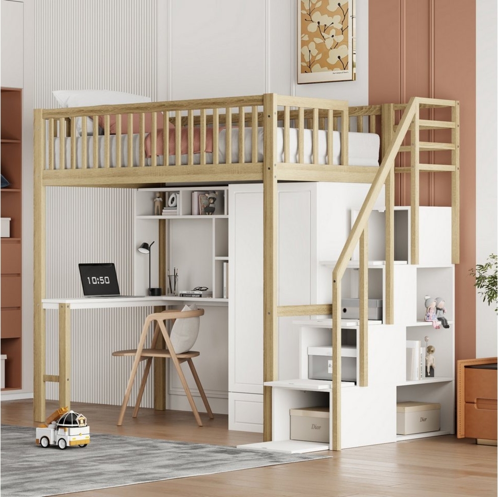 OKWISH Kinderbett Stauraumbett mit großem Kleiderschrank Regal und Tisch (90x200 cm, Stauraum Treppe Mehrzweckbetteinheit Holzbettgestell 90x200 cm), ohne Matratze Bild 1