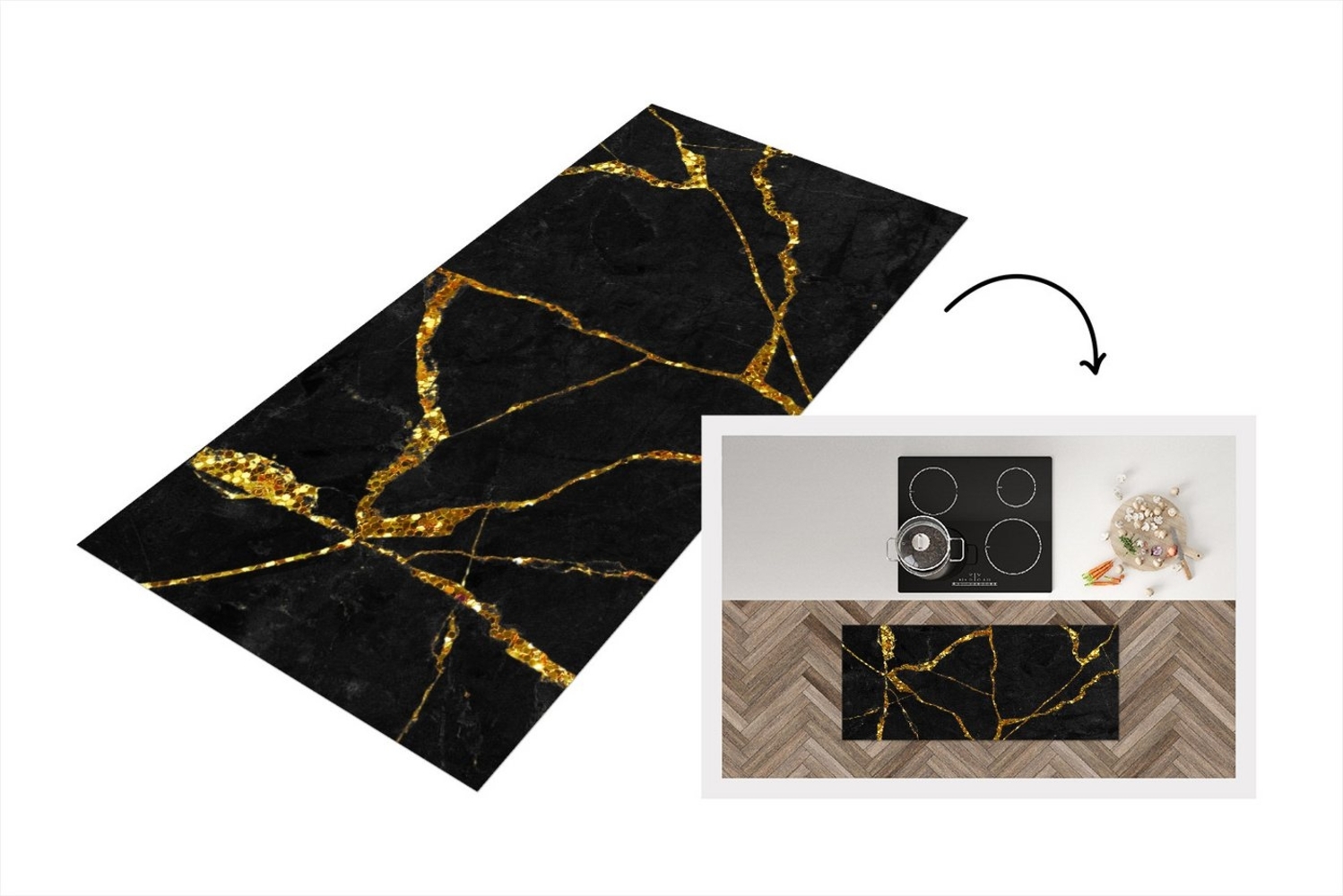 MuchoWow Küchenläufer Marmor - Gold - Schwarz - Marmoroptik - Glitter, Rechteckig, Küchenteppich, Läufer für Küche, Rutschfest, Küchendeko, 120x50 cm Bild 1