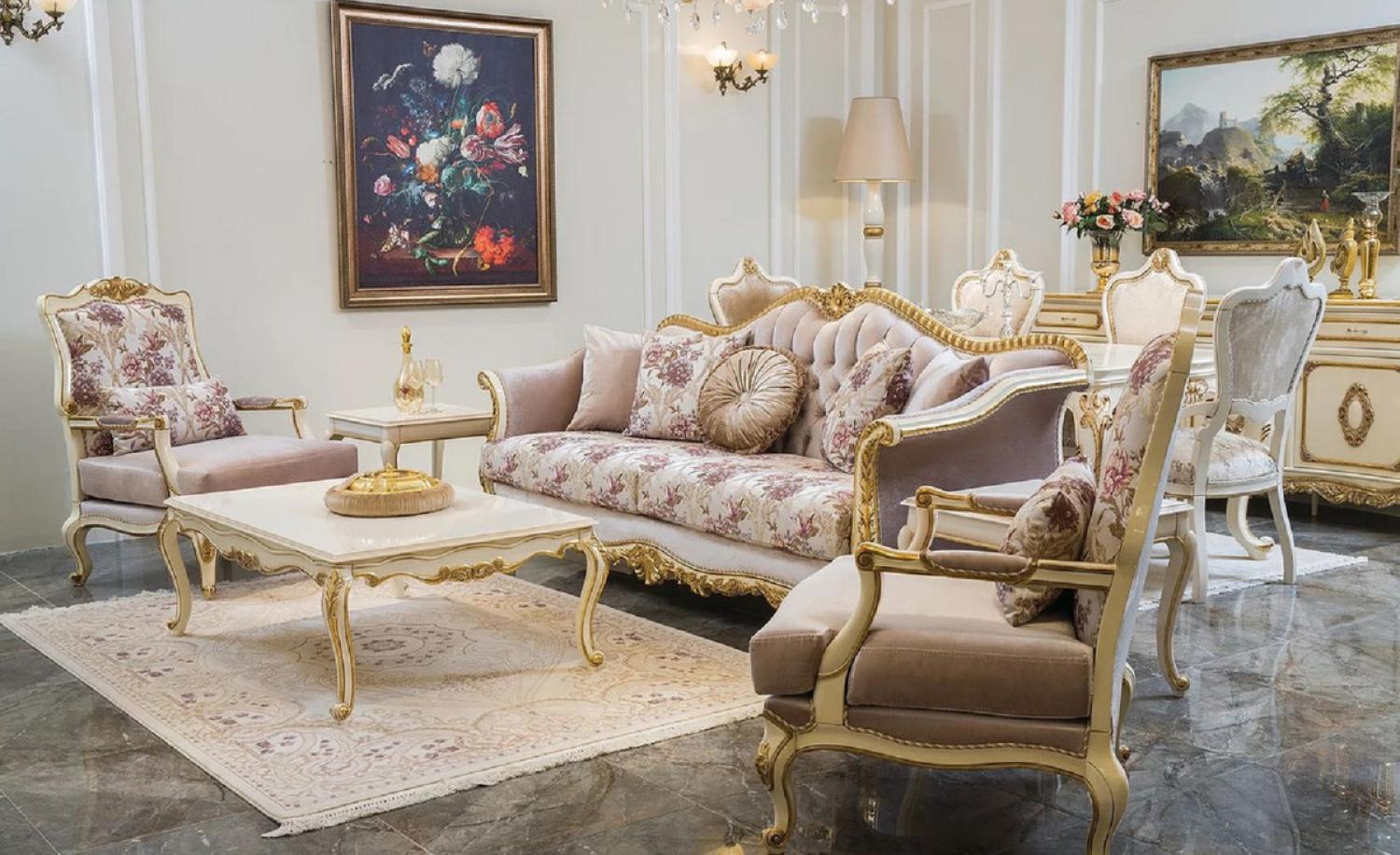 Casa Padrino Luxus Barock Wohnzimmer Set Rosa / Weiß / Gold - 2 Barock Sofas & 2 Barock Sessel & 1 Barock Couchtisch - Wohnzimmer Möbel im Barockstil - Barock Möbel - Barock Einrichtung Bild 1