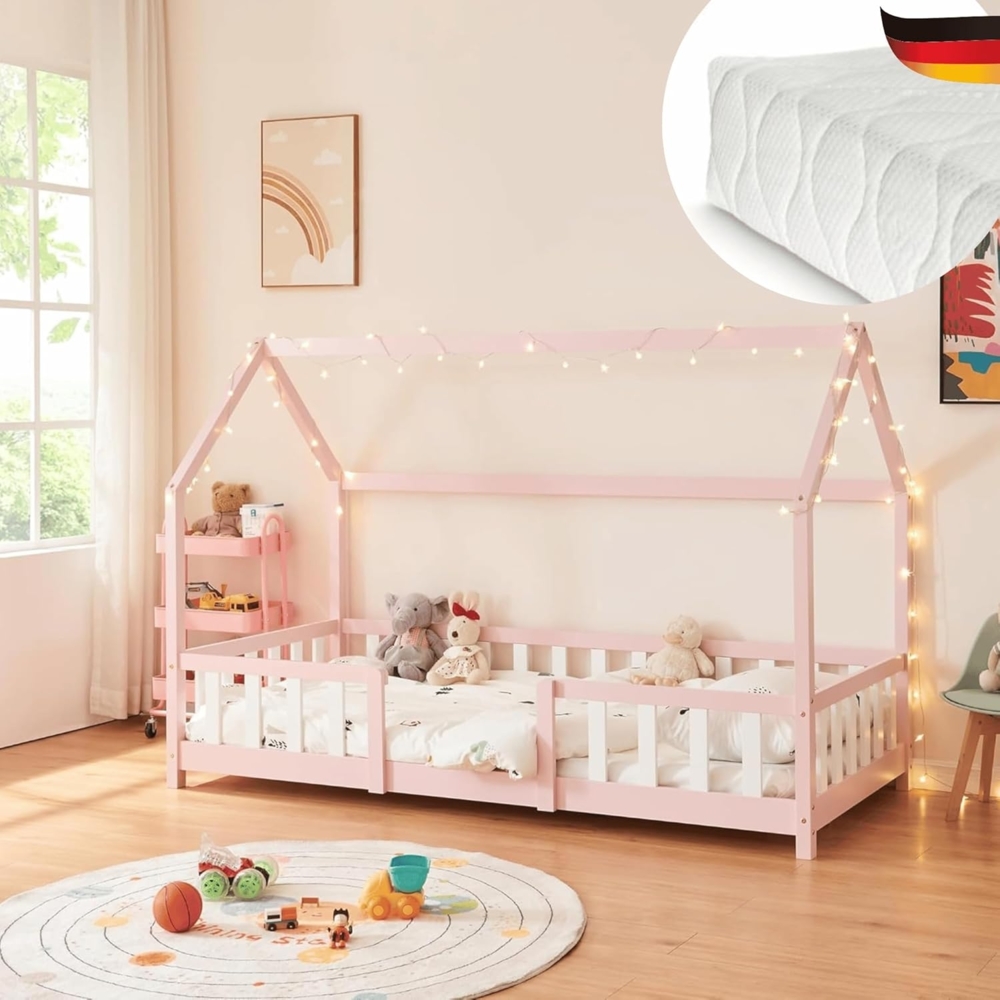 DELUKE® Kinderbett 90x200 cm LULO - Inkl. Matratze Lattenrost Rausfallschutz Einzelbett Hausbett Kinderzimmer Bodenbett Kinder Bett Klein Montessori Bett Rosa Bild 1