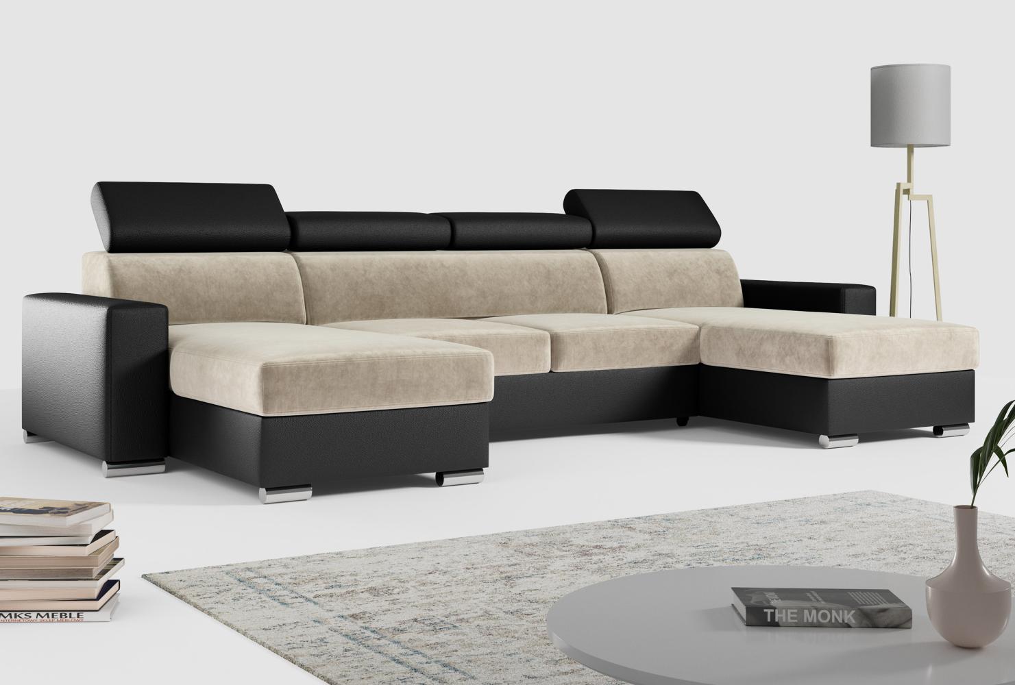 Ecksofa zum Wohnzimmer - U-Form mit Schlaffunktion und Bettkasten - FOX-U - Beige - Schwarz Bild 1