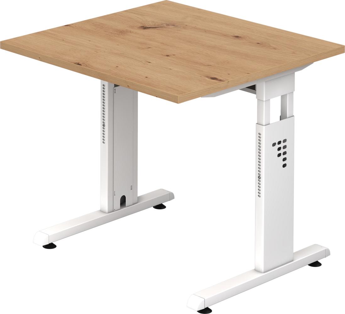 bümö® Schreibtisch O-Serie höhenverstellbar, Tischplatte 80 x 80 cm in Asteiche, Gestell in weiß Bild 1