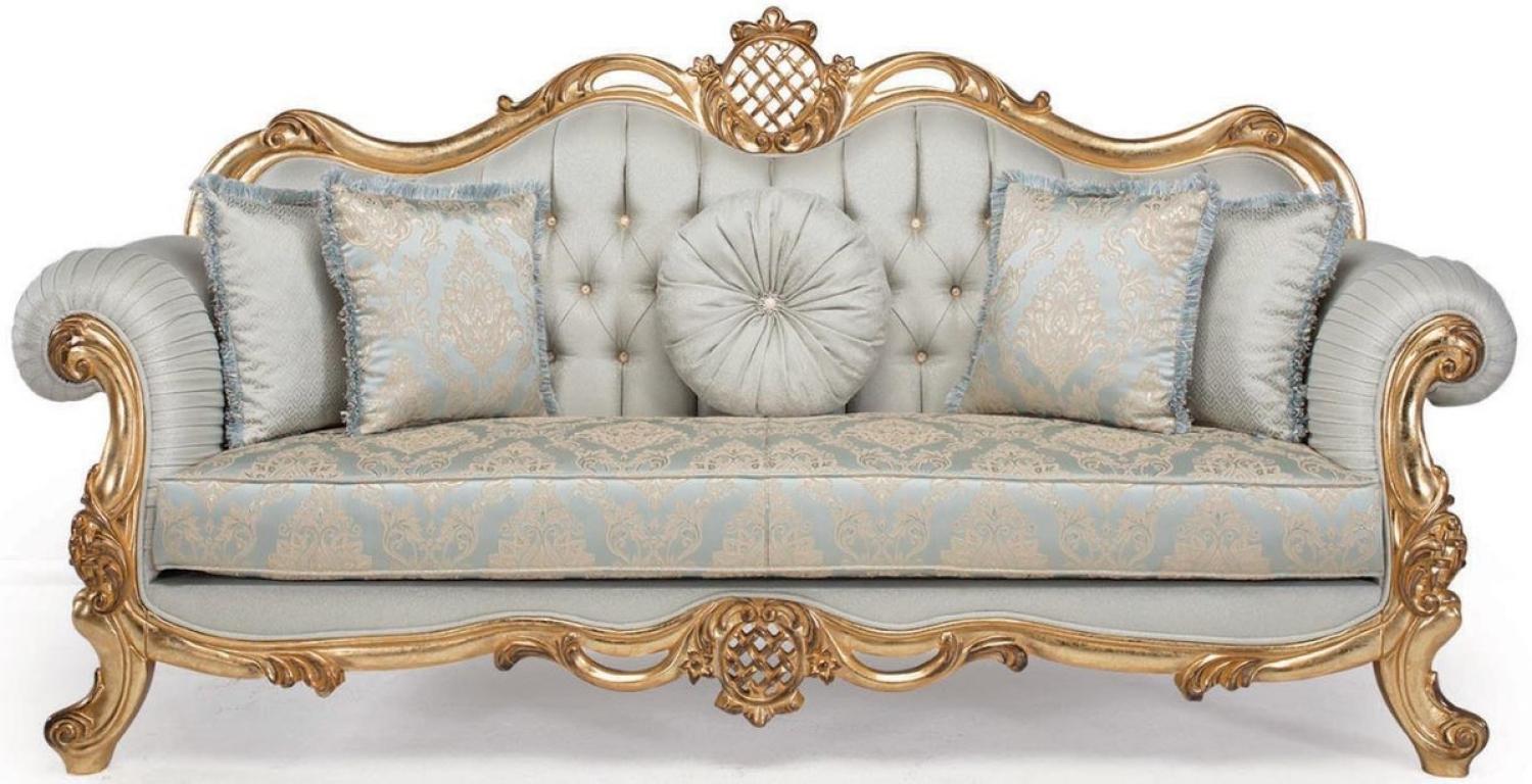 Casa Padrino Luxus Barock Wohnzimmer Sofa mit dekorativen Kissen Hellblau / Türkis / Gold 222x82 x H. 120 cm Bild 1