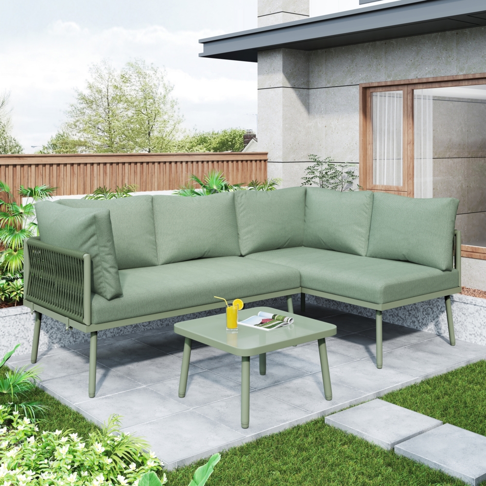 Merax Garten-Lounge-Set aus Eisen, Gartenmöbel-Set aus grünem Seil, L-förmiges Gartenmöbel-Set, Lounge-Set aus grünem Seil mit Sitzkissen Bild 1