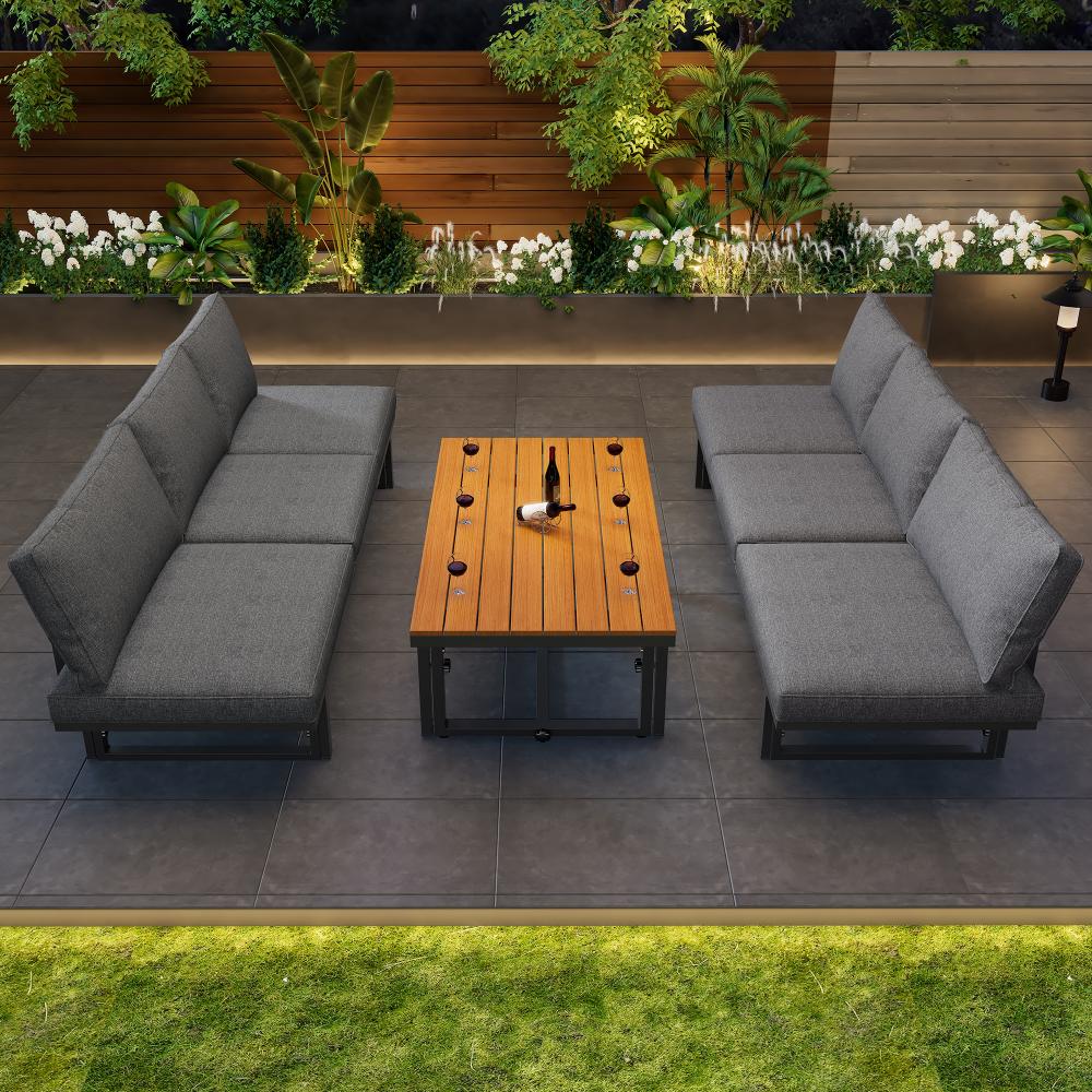 Merax Gartenmöbel-Set, 3-teiliges Set mit 2 Sofas, 1 Tisch, verstellbarer Rückenlehne & Tisch, Akazienholz, inklusive Kissen, grau Bild 1