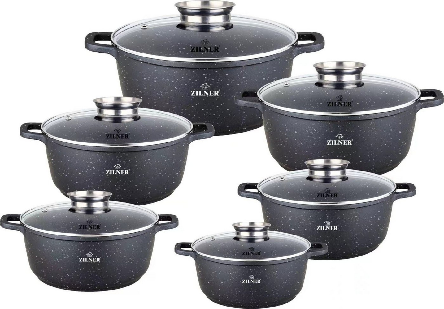 Zilner Topf-Set Schwarze Töpfe in 6 verschiedenen Größen, Steinbeschichtung, Aluminiumguss, Keramik, Edelstahl (1.3L / 2.3L / 3.2L / 4.5L / 6.8L, 12-tlg, Zeitloses Design des Topfsets. Eine ideale Geschenkidee! Hochwertig) Bild 1