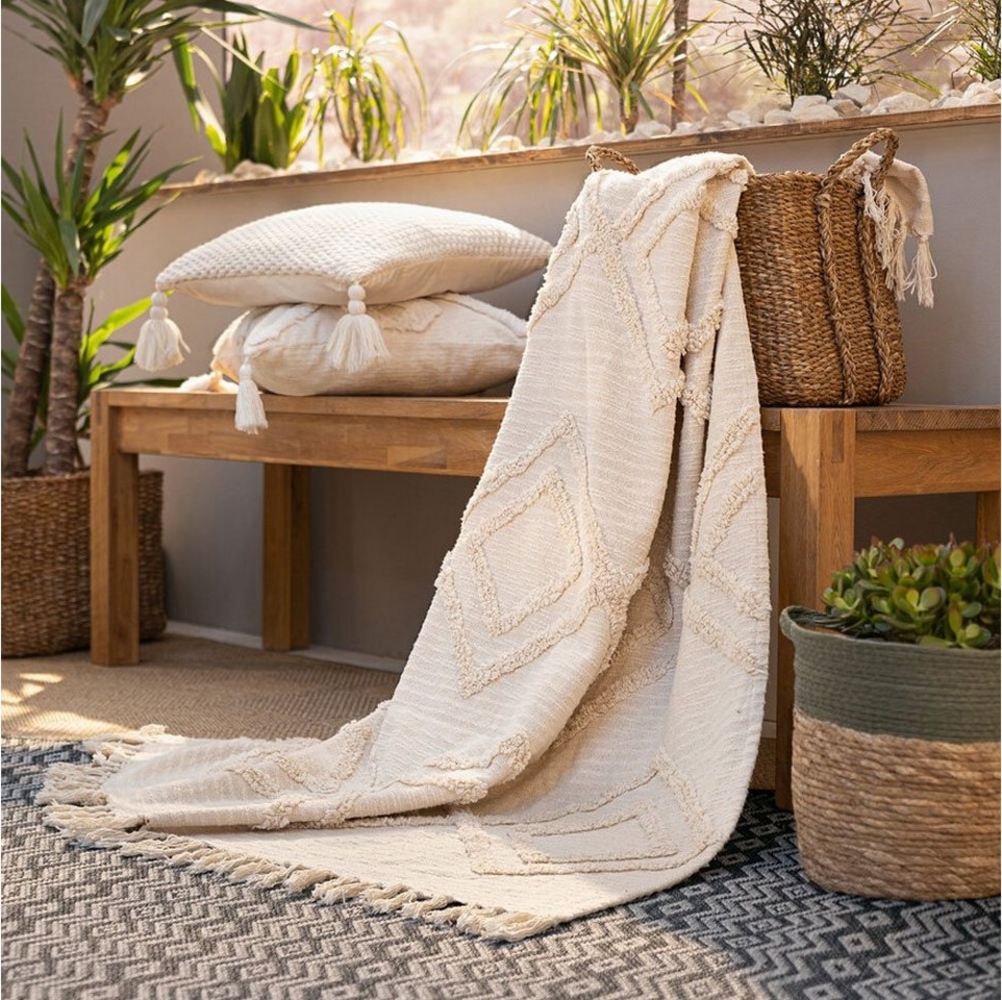 Wohndecke Webdecke Boho Stil Decke Sofadecke Plaid 130 x 170 Creme Makramee, Home-trends24. de Bild 1