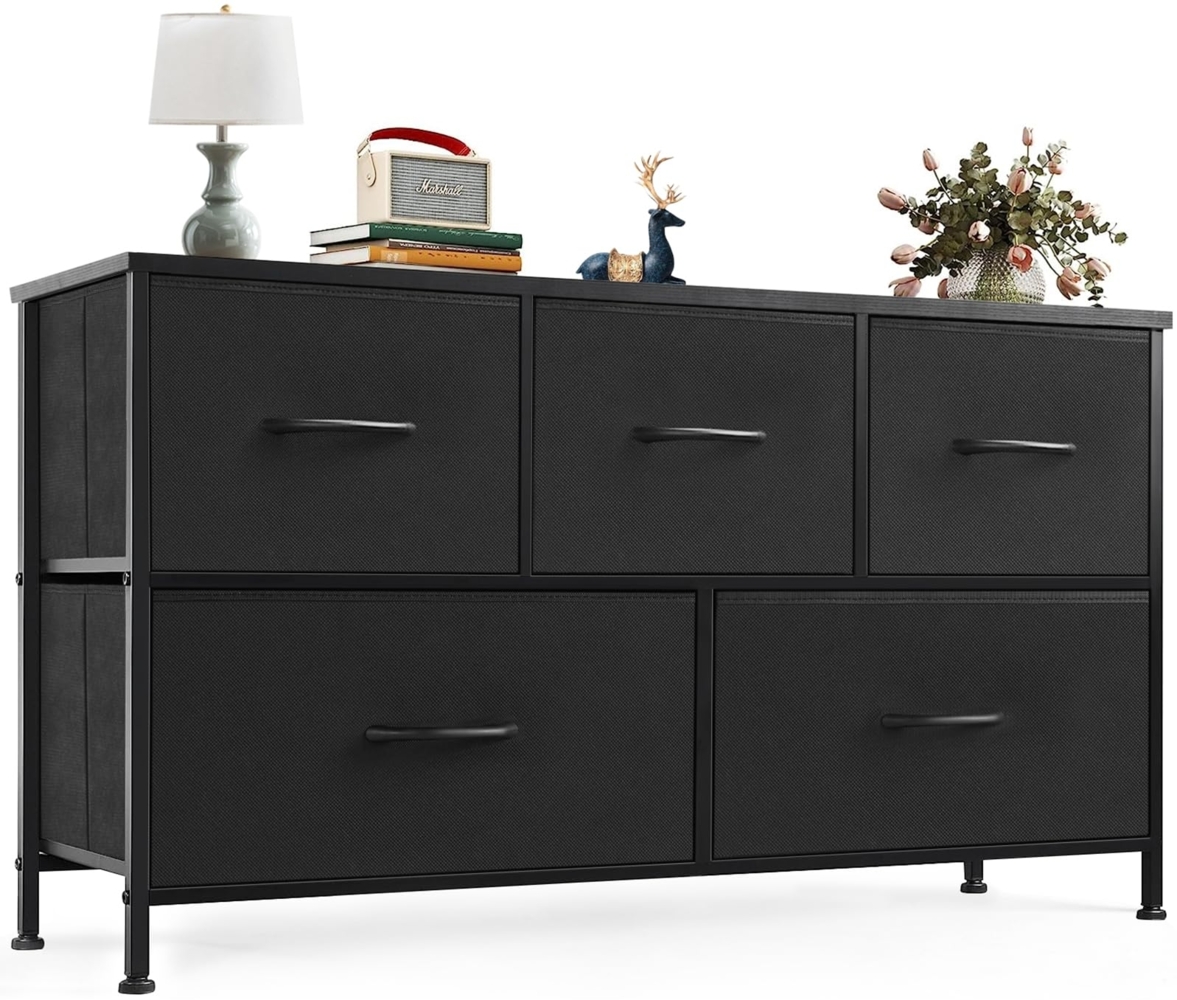 Sweetcrispy Kommode,Sideboard Wohnzimmer für Schlafzimmer mit 5 Stoffschubladen,Einstellbare Füße Schubladenschrank,Komodenschrank für Schlafzimmer,Klassisch Schwarz Bild 1