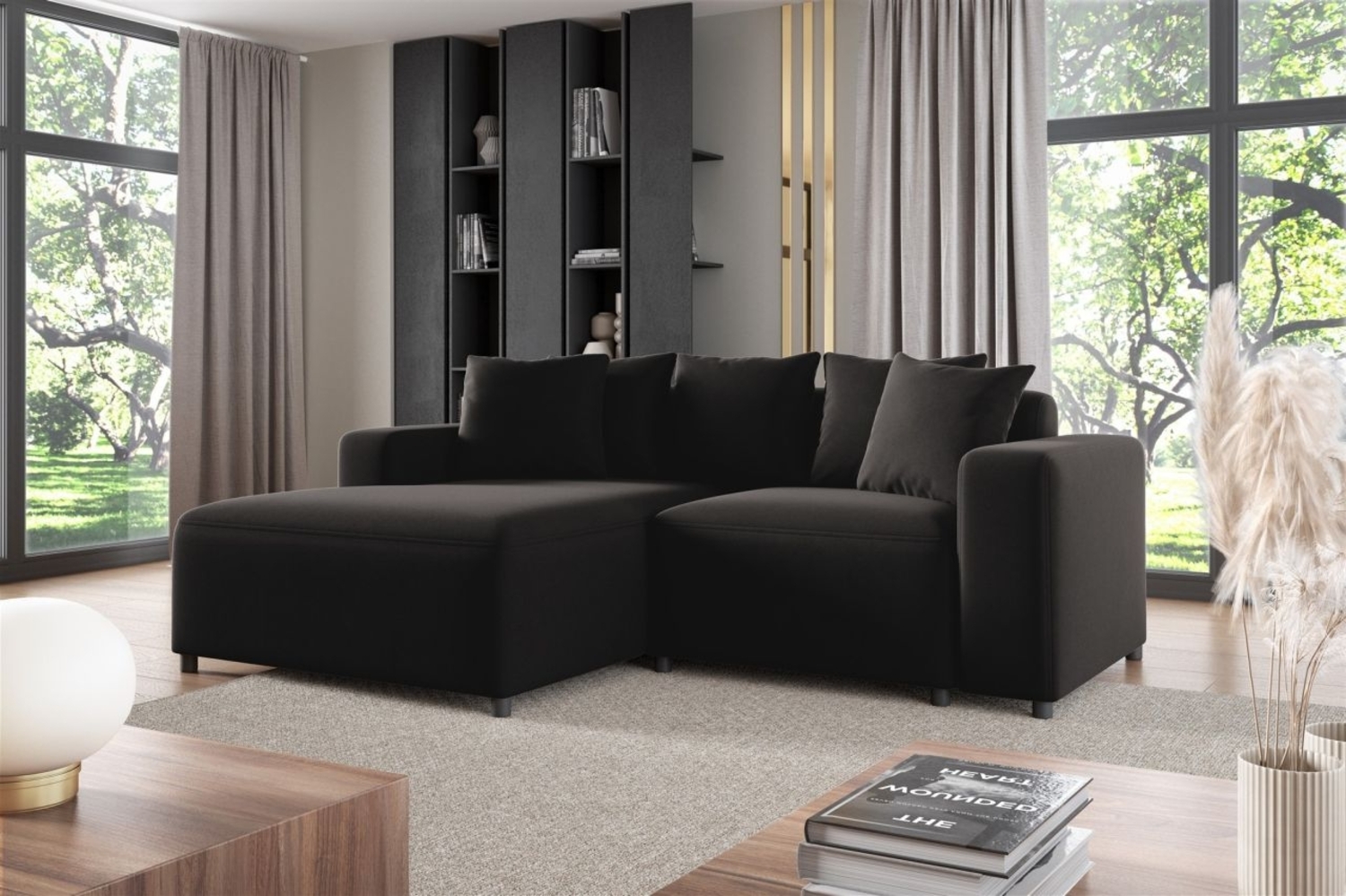 Ecksofa Designersofa Sofa MEGAN XS in Stoff Salvador Schwarz Ottomane Links Bild 1