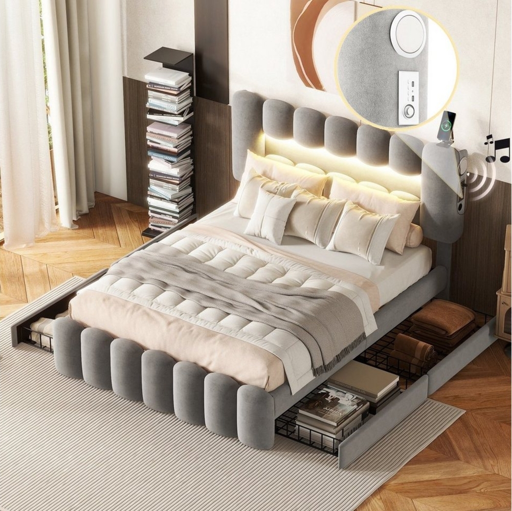 Merax Polsterbett, 140x200cm mit LED, USB und Lautsprecher, Doppelbett mit 4 Schubladen Bild 1
