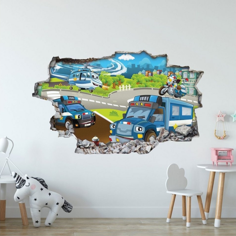 GRAVURZEILE Wandtattoo im Polizei & Polizeiauto Design - Kinderzimmer - Wandaufkleber - (3D Wanddurchbruch & Deko), Ausführung: V1 Bild 1