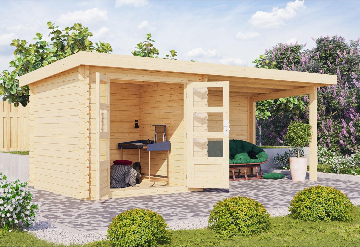 Gartenhaus Bastrup 2 - 519x237 cm mit Anbaudach 3,00 m mit Rückwand, 28 mm Holz naturbelassen Bild 1