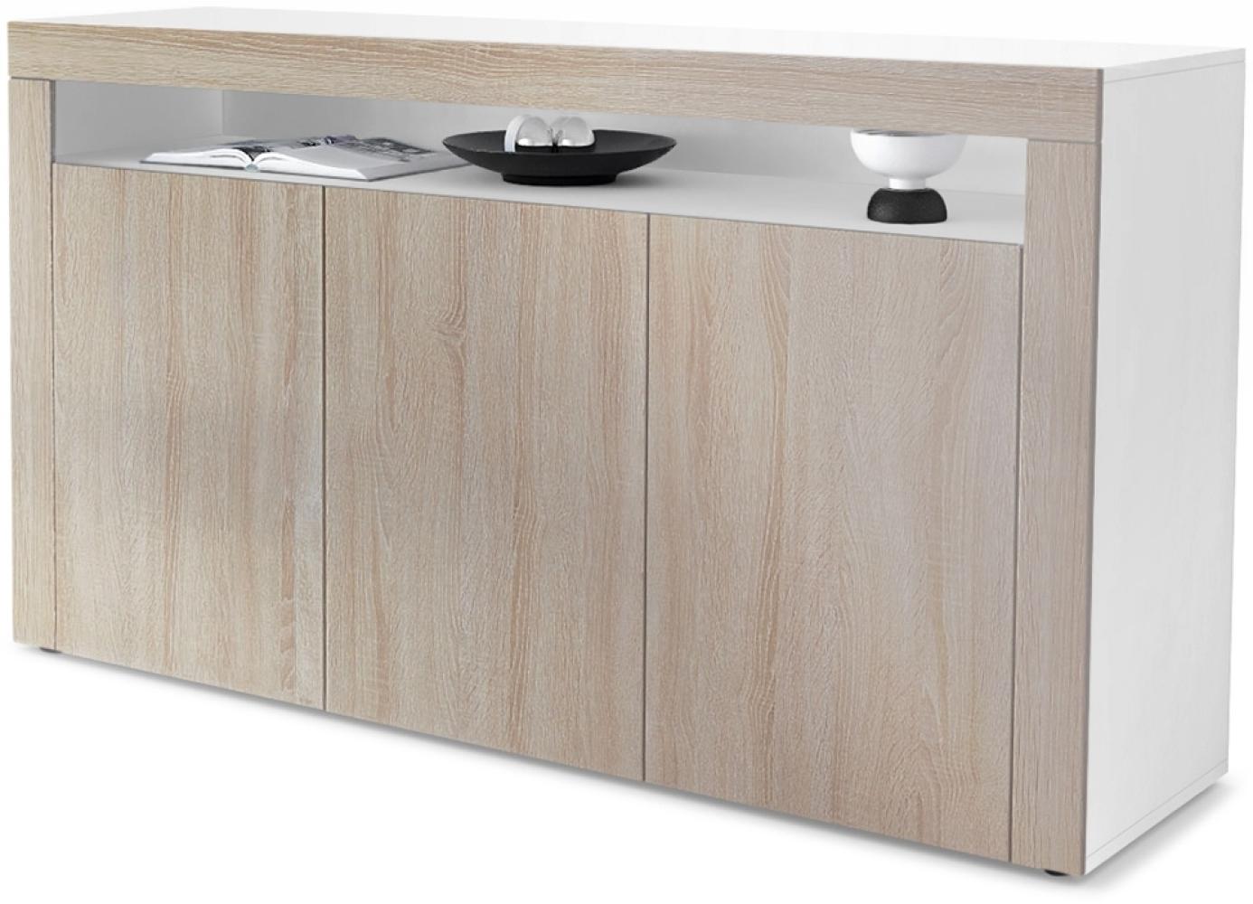 Vladon Sideboard Valencia, Kommode mit 3 Türen und 1 offenem Fach, Weiß matt/Eiche sägerau/Eiche sägerau (155 x 92 x 40 cm) Bild 1