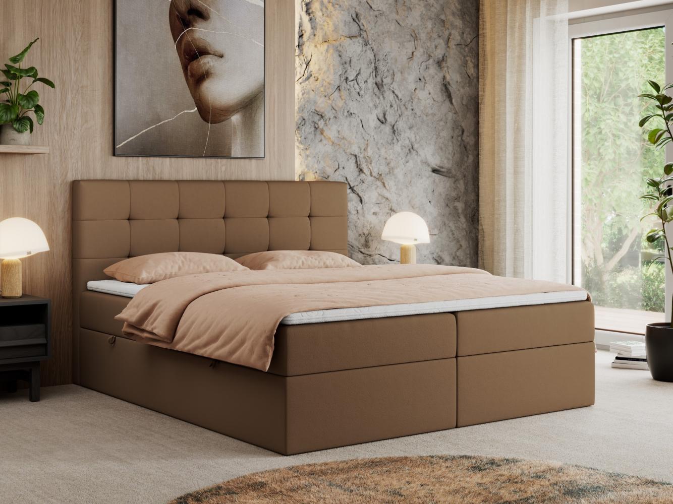 Boxspringbett, Doppelbett Matratze und Topper, Polsterbett - CENTOS - 160x200cm - Braun Kunstleder- H3 Bild 1