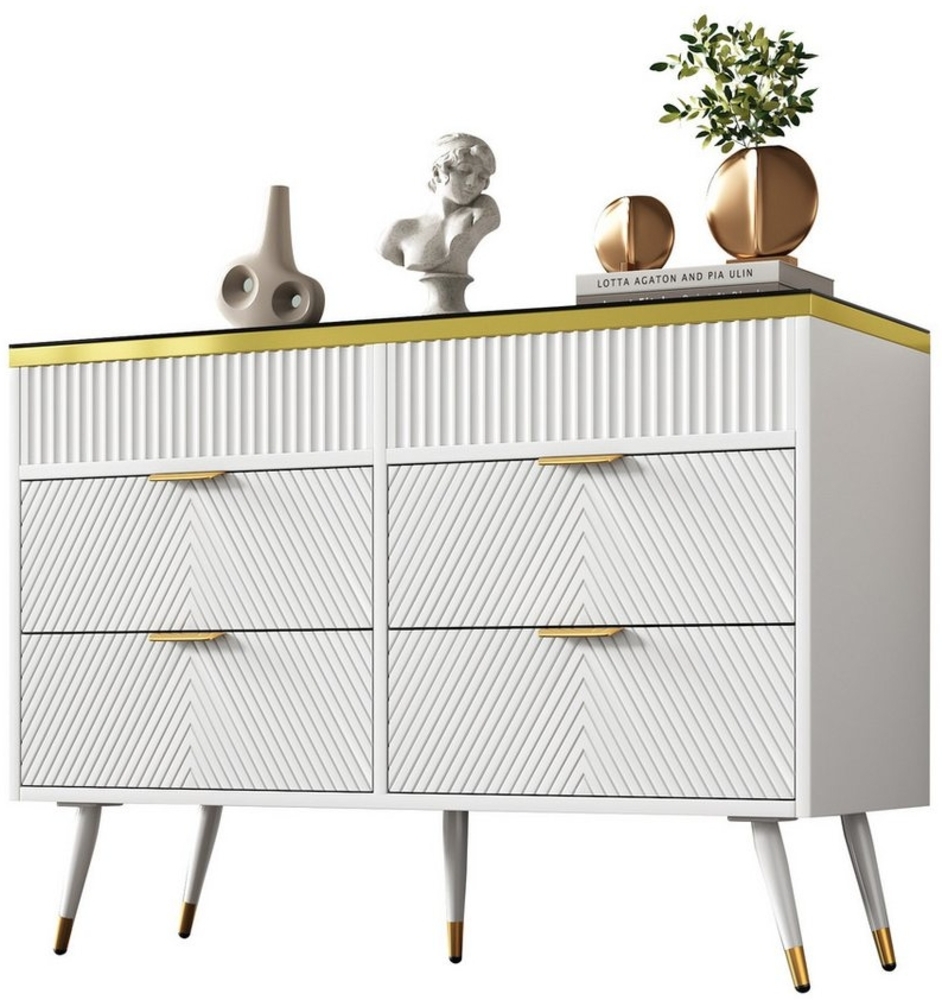 HAUSS SPLOE Sideboard mit 6 Schubladen, Facheinteilung, kippsicher für Wohnräume, weiß (Hochschrank für alle Wohnräume, 1 St, 6 Schubladen), mit Glasoberfläche, gebürstetem Metall, Rückstoßdruckmechanismus Bild 1