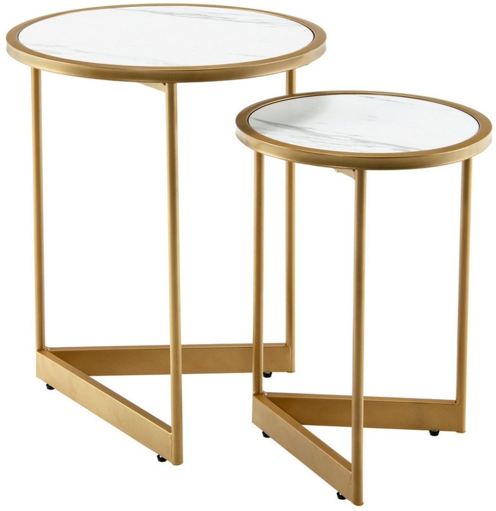 COSTWAY 2er Runder Satztisch, 40x30 cm Couchtische mit marmorartiger Tischplatte & V-förmigem Fuß, Beistelltisch platzsparend, Nachttisch für Schlaf- und Wohnzimmer, weiß Bild 1