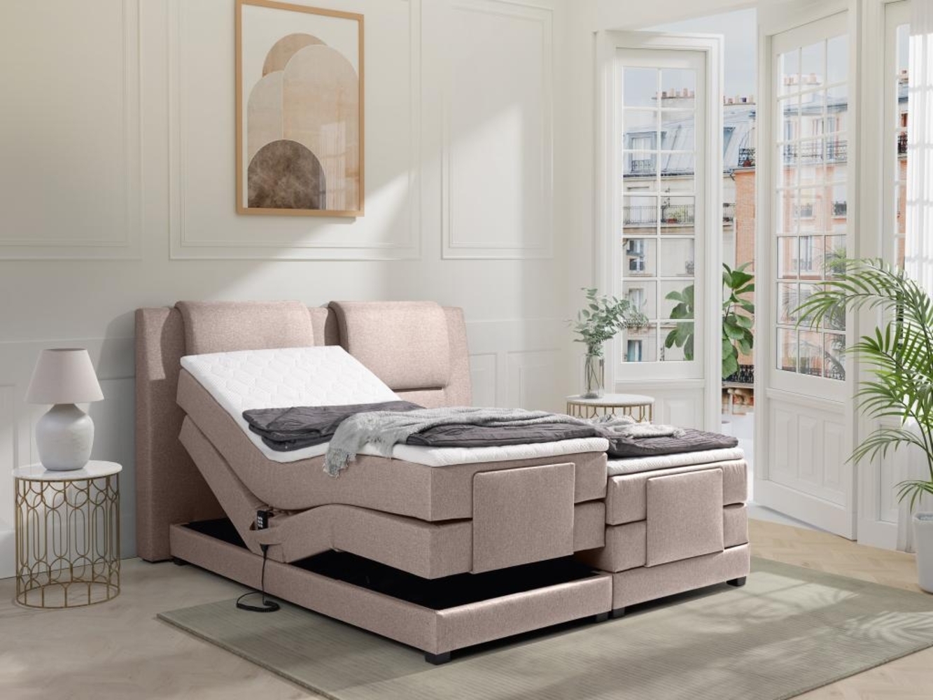 Vente-unique - Boxspringbett mit Bettkopfteil + elektrischem Untergestell mit Relaxfunktion + Matratzen + Topper - 2 x 90 x 200 cm - Stoff - Beige - CASTEL II von PALACIO Bild 1