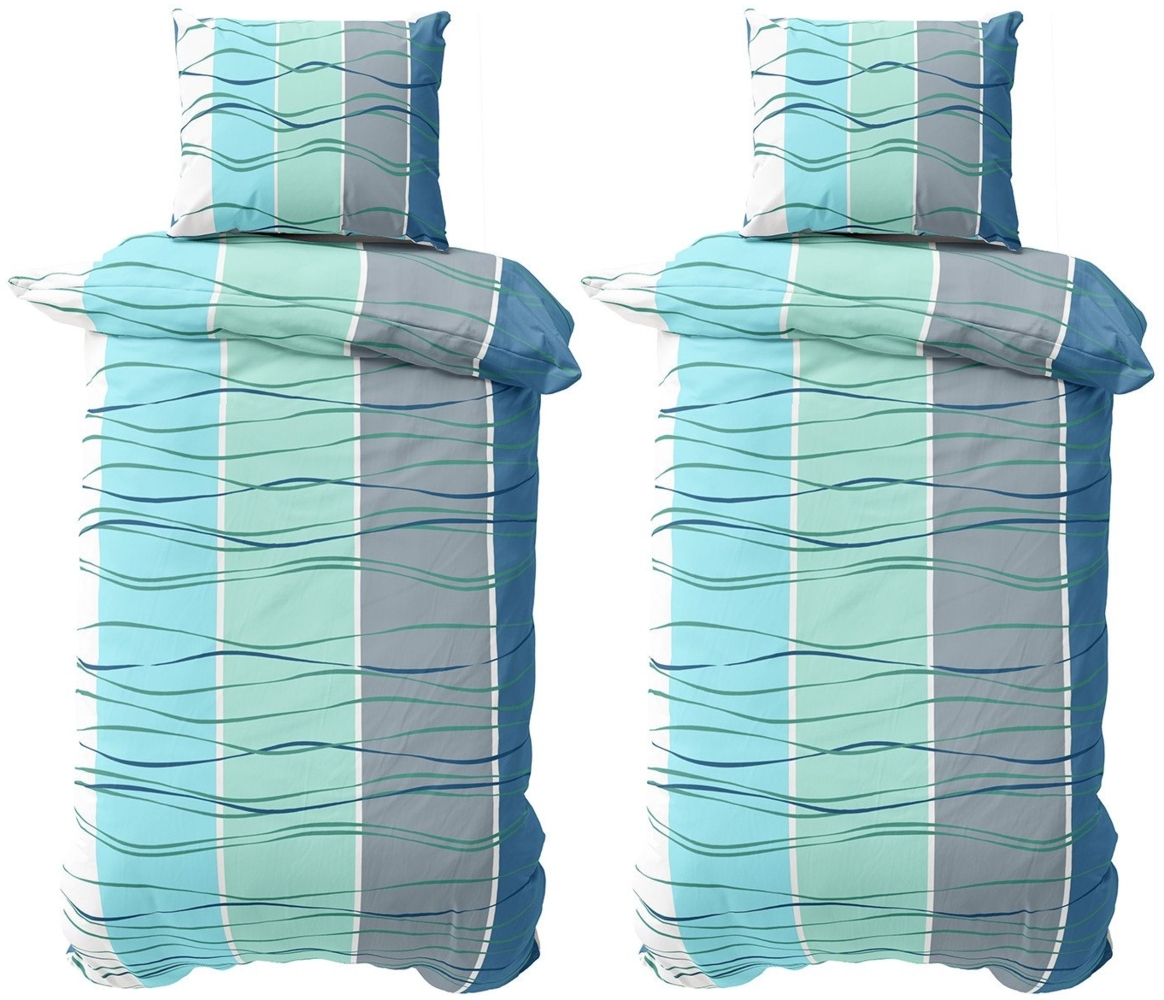 Leonado Vicenti Bettwäsche Bettwäsche Mikrofaser 135x200 oder 155x220 Welle Türkis Grau, Microfaser, 4 teilig, Grau Türkis Blau Welle gestreift modern Bild 1