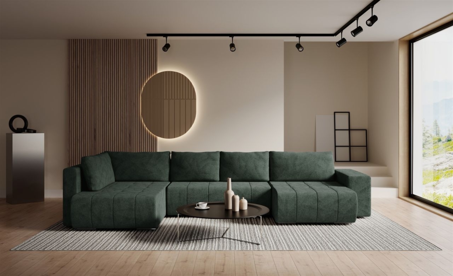 Wohnlandschaft Schlafsofa ARMANDA in Stoff Blur Grün langer Schenkel Links Bild 1