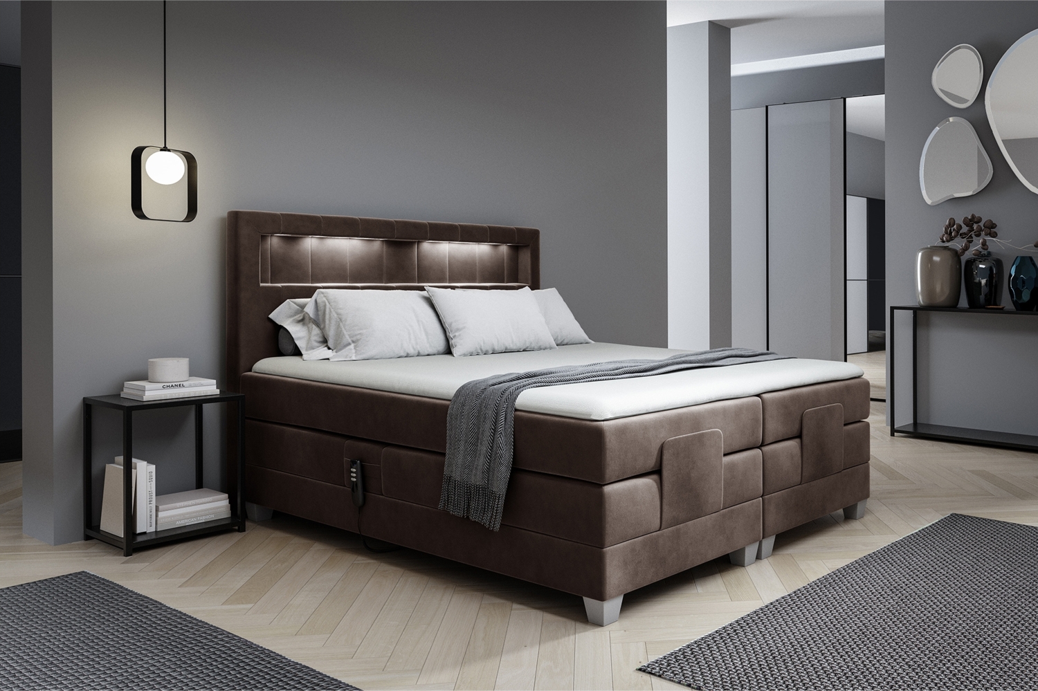 MEBLINI Boxspringbett Elektrisch ASPERO 120x200 cm mit Bettkasten und LED – H3/Braun Samt Polsterbett - Doppelbett mit Toppers & Taschenfederkern-Matratzen Bild 1