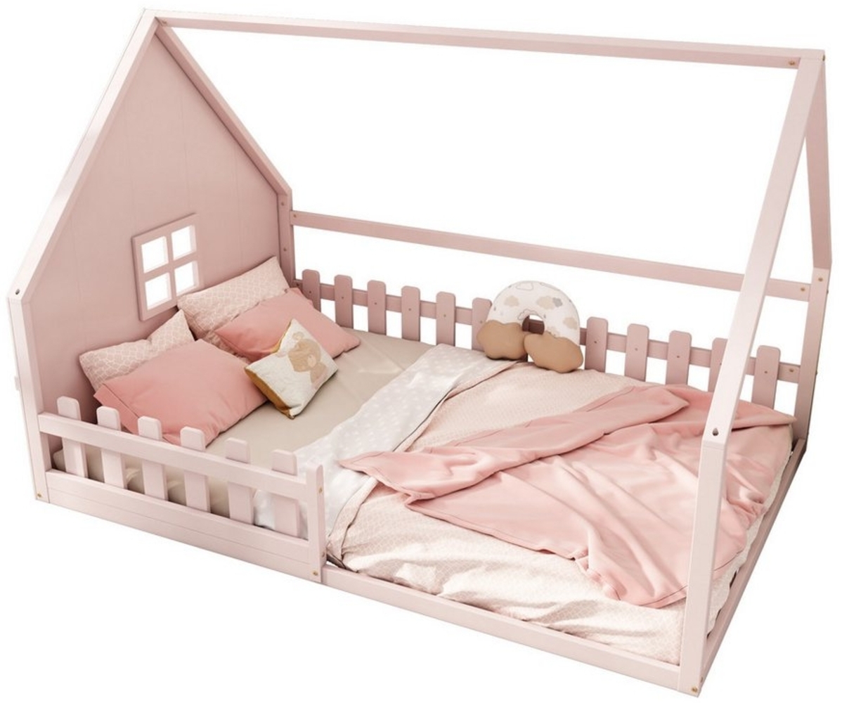REDOM Kinderbett Flachbett,mit HausDesign (Kinderbett mit Hausleiste,Kiefernholzrahmen, Geländer, Traumhaus-Design, 140 x 200 cm), ohne Matratze Bild 1